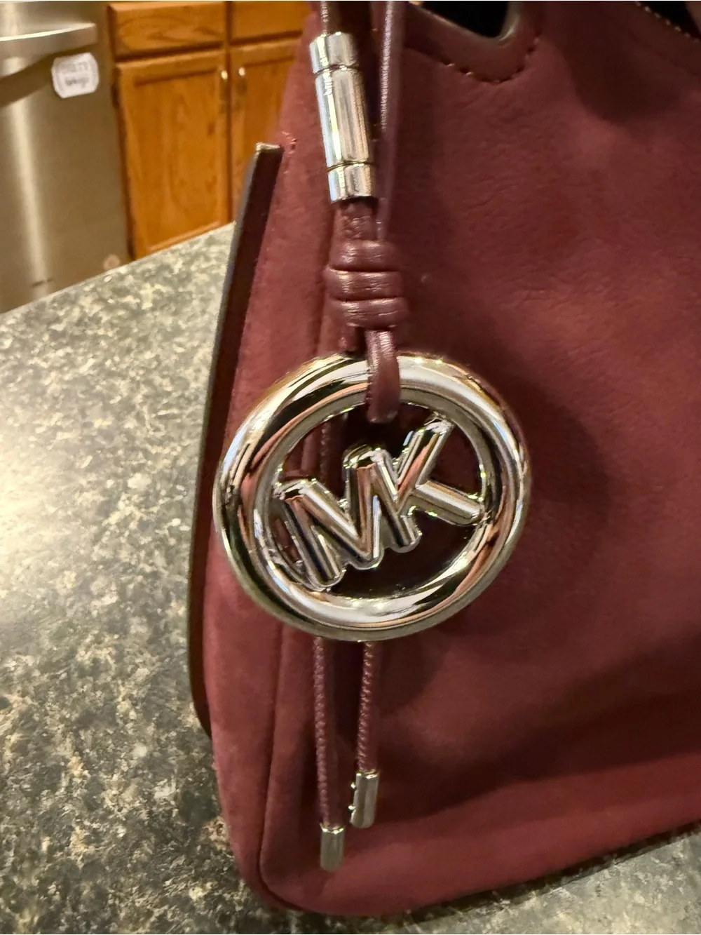 Michael Kors Burgundy Leather Shoulder Bag with Silver MK Charm